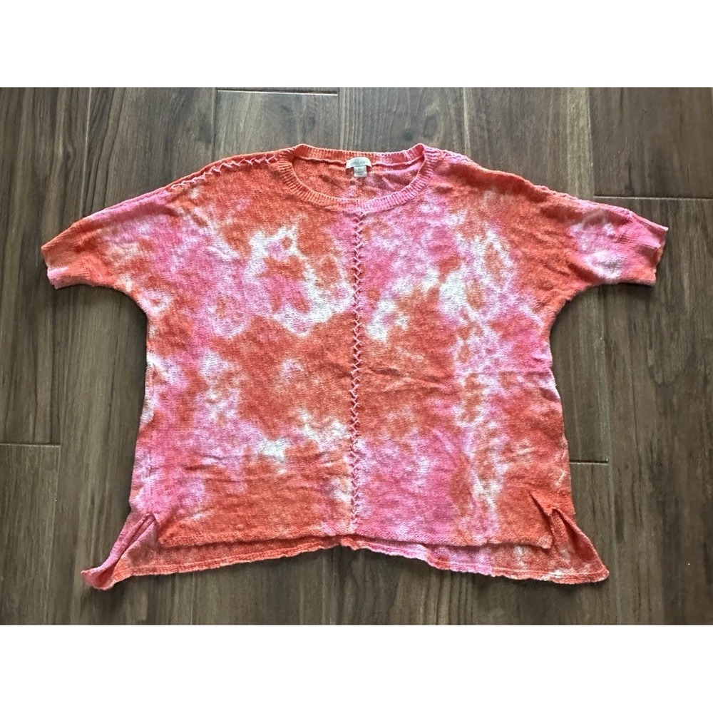 Sundance Womens XL Pink Orange Tie Dye Cotton Whipstitch Short Sleeve Sweater